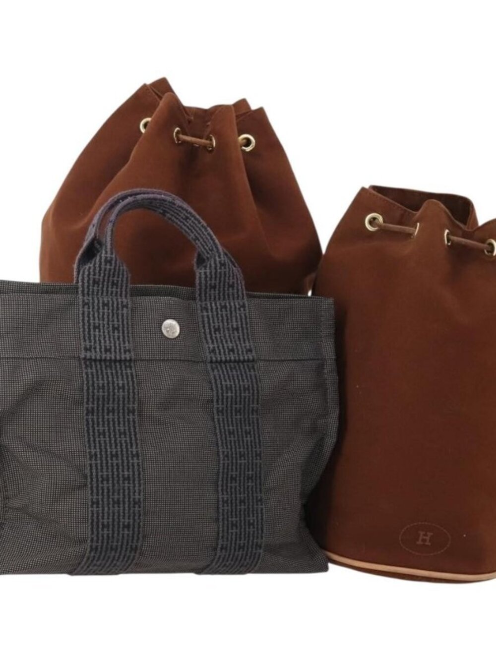 HERMES Shoulder Bag Canvas 3 Set Gray Brown Auth BA12673